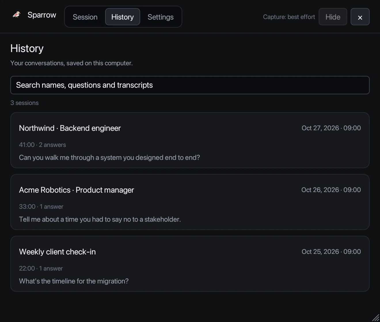 Sparrow History listing saved sessions with a search box