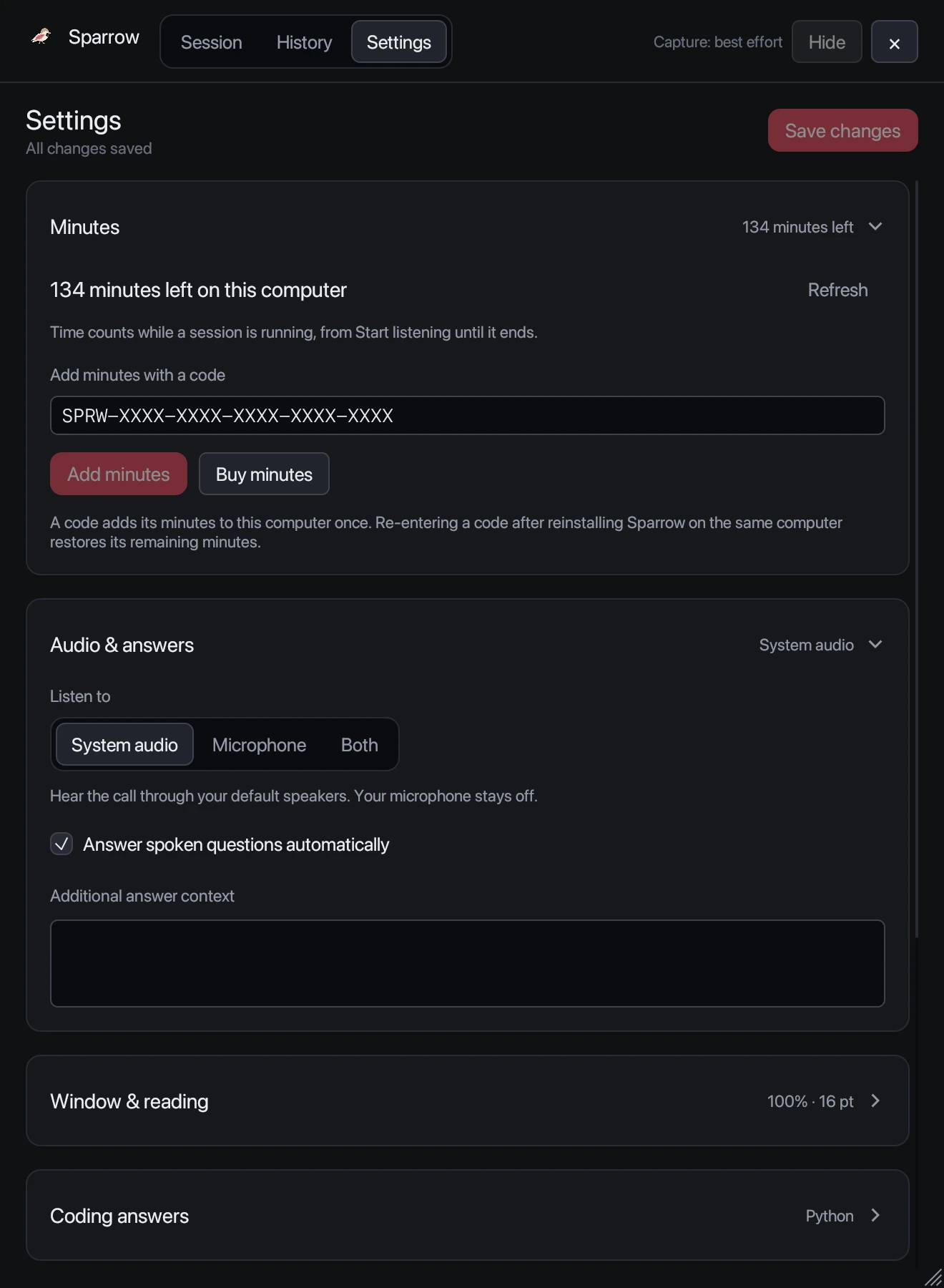 Sparrow Settings with Minutes, Audio & answers, Window & reading and Coding answers sections